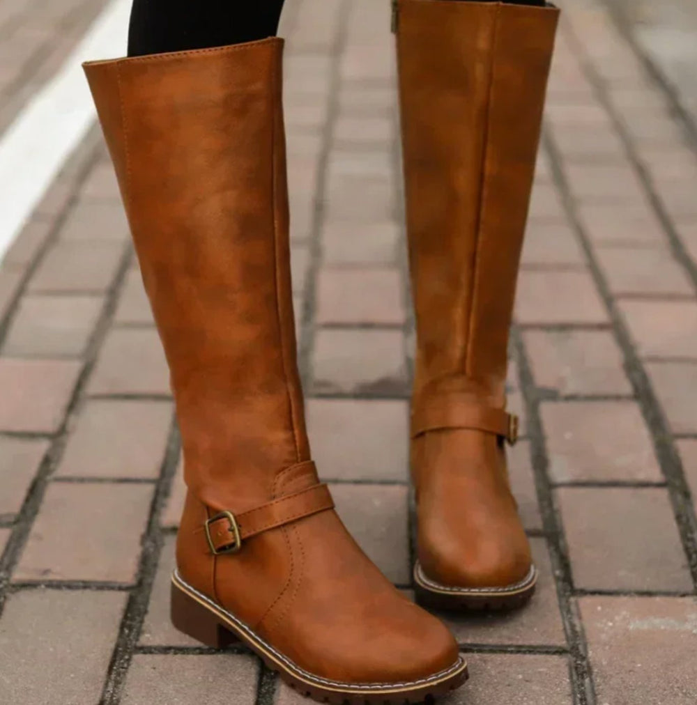 Women's Knee-High Leather Boots Buckle-Strap Block Heel Riding