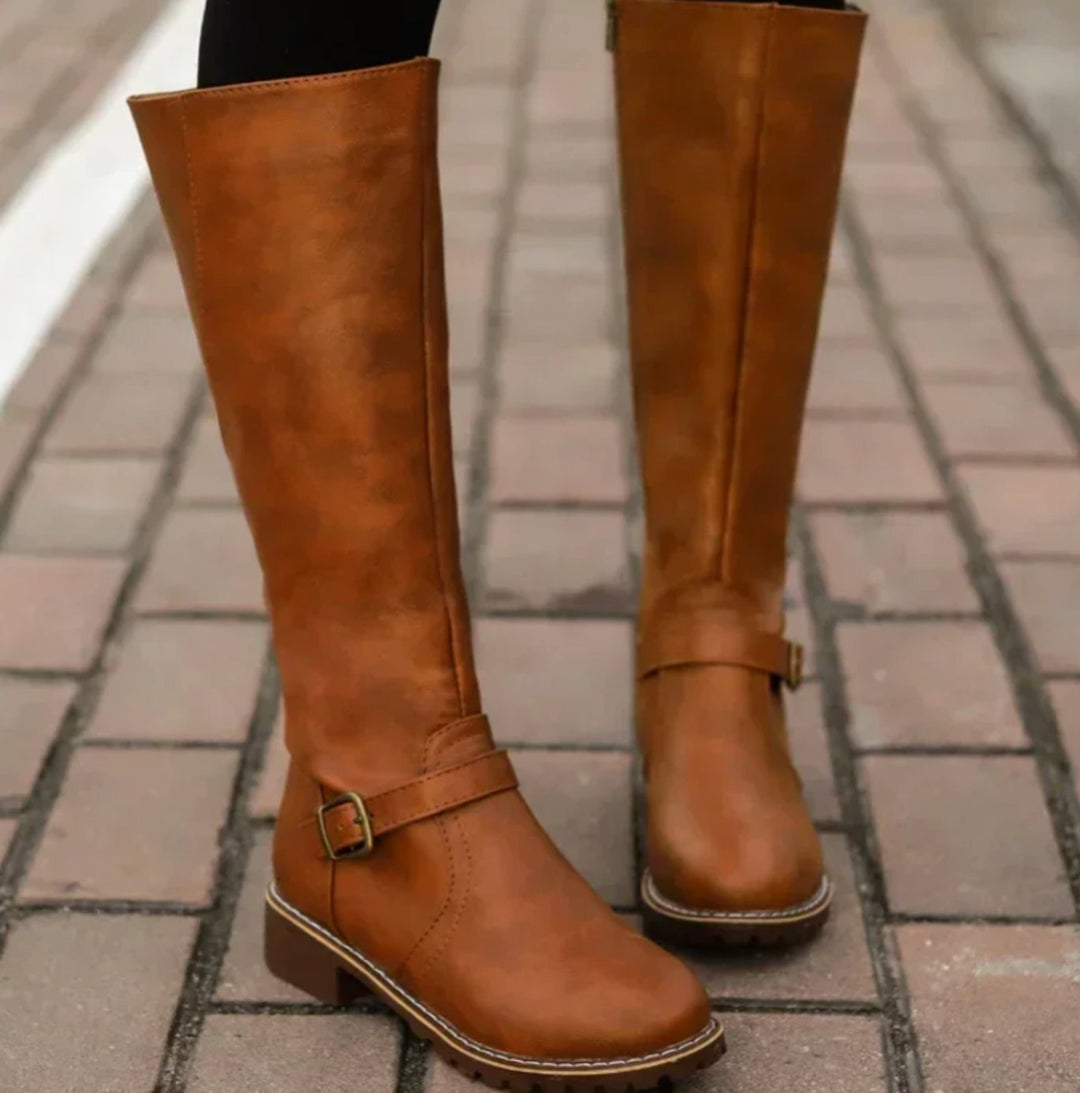Women's Knee-High Leather Boots Buckle-Strap Block Heel Riding