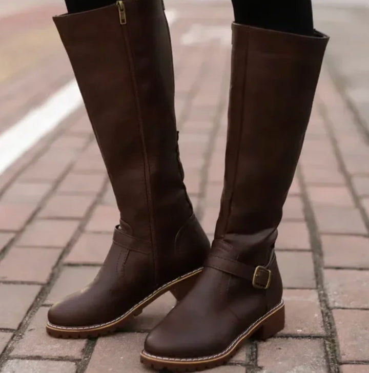 Women's Knee-High Leather Boots Buckle-Strap Block Heel Riding