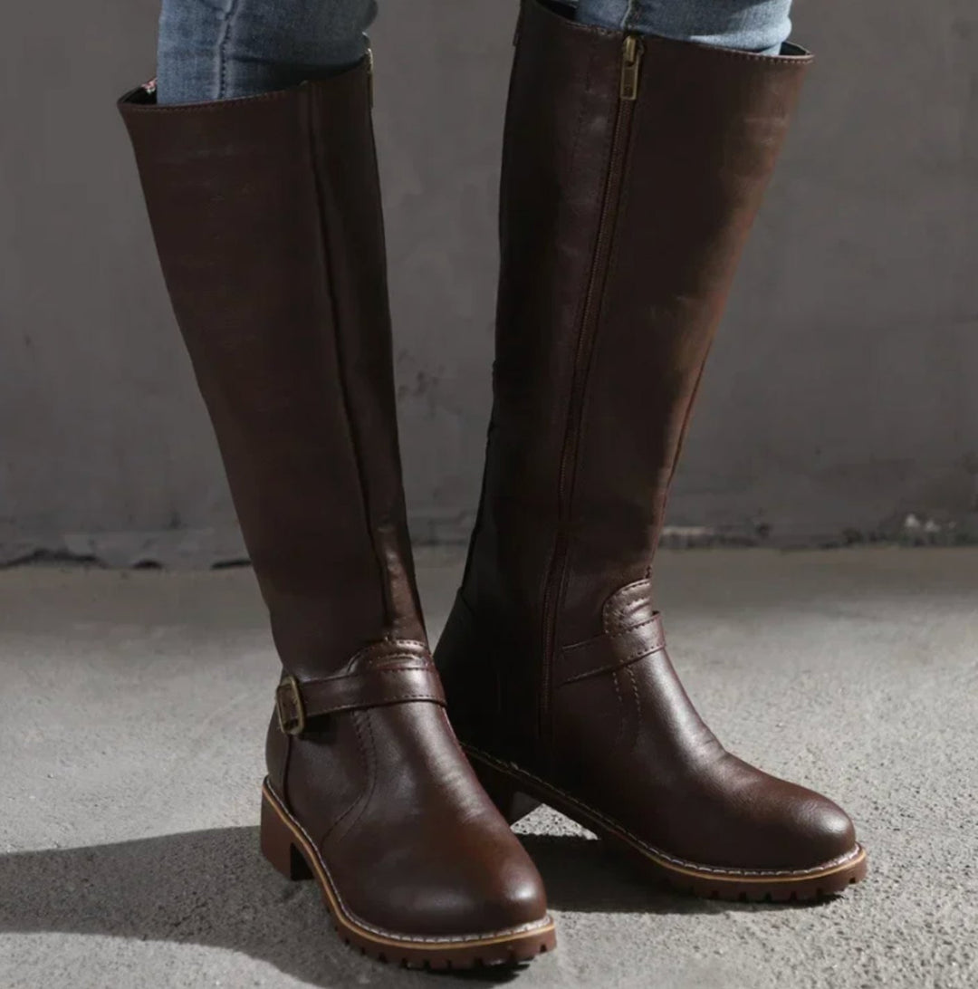Women's Knee-High Leather Boots Buckle-Strap Block Heel Riding - Dark Brown
