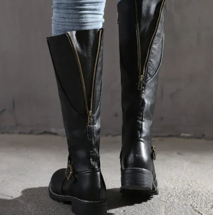 Women's Knee-High Leather Boots Buckle-Strap Block Heel Riding - Black