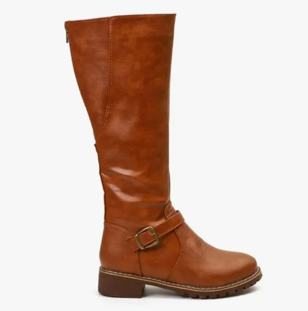 Women's Knee-High Leather Boots Buckle-Strap Block Heel Riding