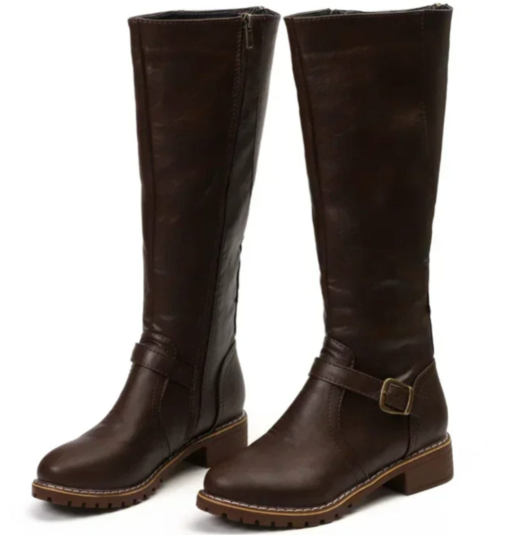 Women's Knee-High Leather Boots Buckle-Strap Block Heel Riding