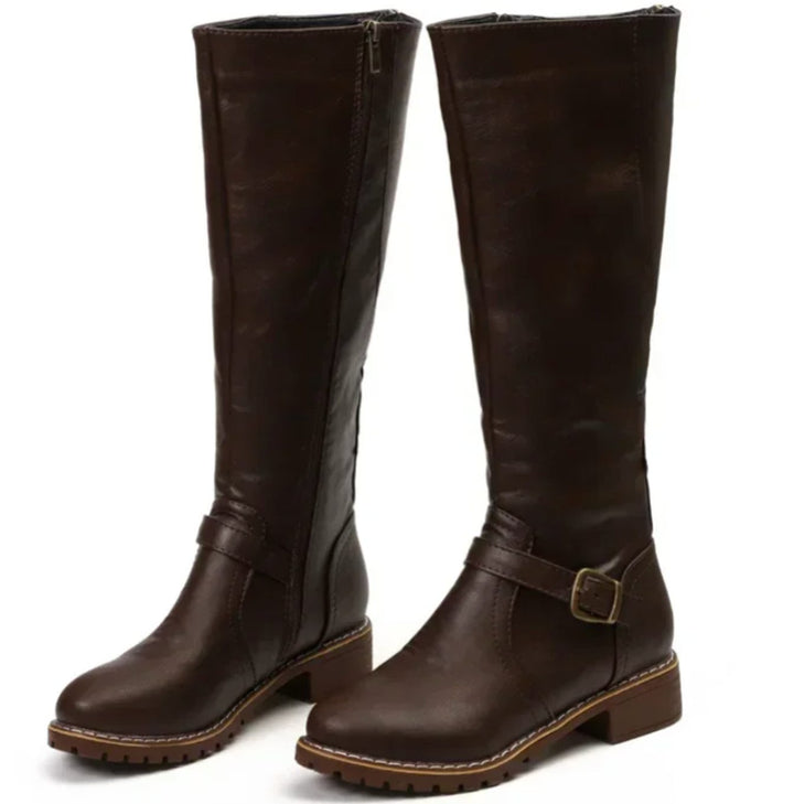 Women's Knee-High Leather Boots Buckle-Strap Block Heel Riding