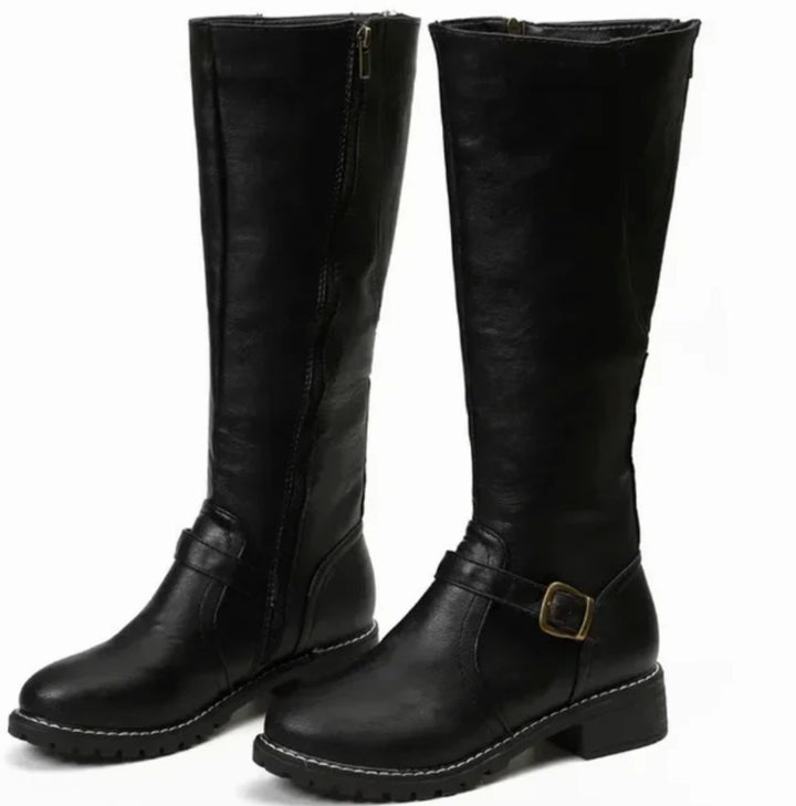 Women's Knee-High Leather Boots Buckle-Strap Block Heel Riding