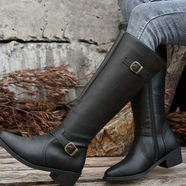 Women's Knee-High Riding Boots Low Heel Buckle Side Zip - Black
