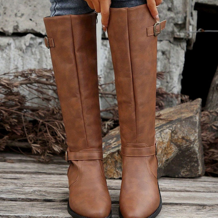 Women's Knee-High Riding Boots Low Heel Buckle Side Zip