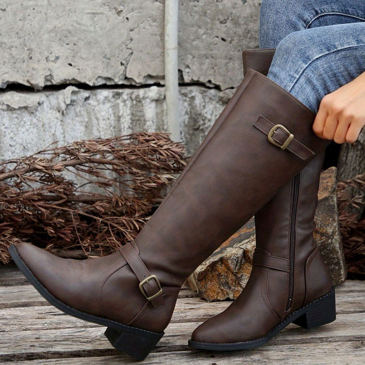 Women's Knee-High Riding Boots Low Heel Buckle Side Zip - Dark Brown