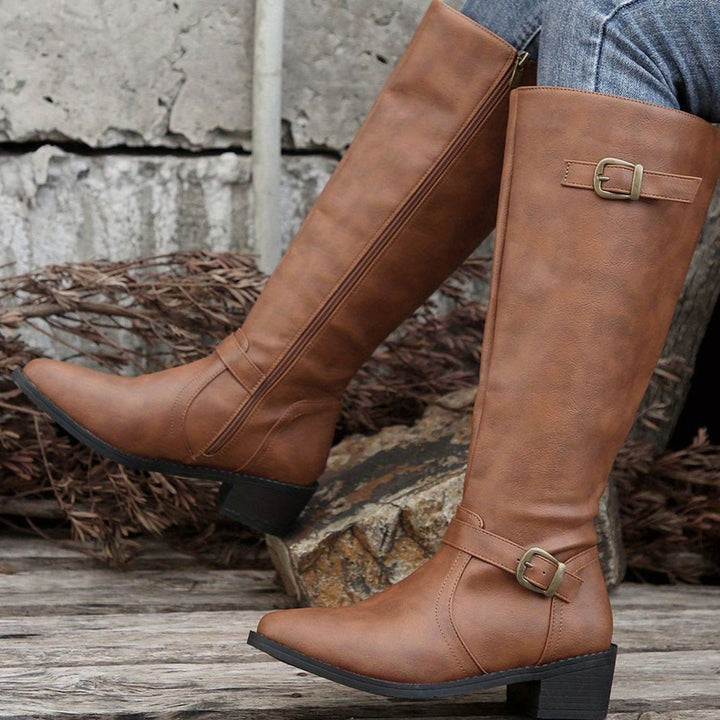Women's Knee-High Riding Boots Low Heel Buckle Side Zip