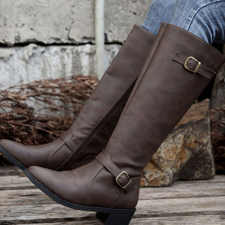 Women's Knee-High Riding Boots Low Heel Buckle Side Zip