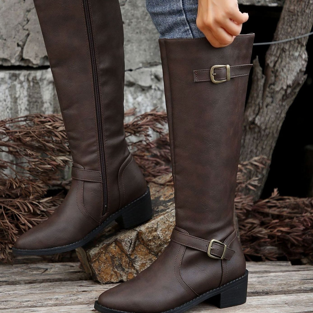 Women's Knee-High Riding Boots Low Heel Buckle Side Zip