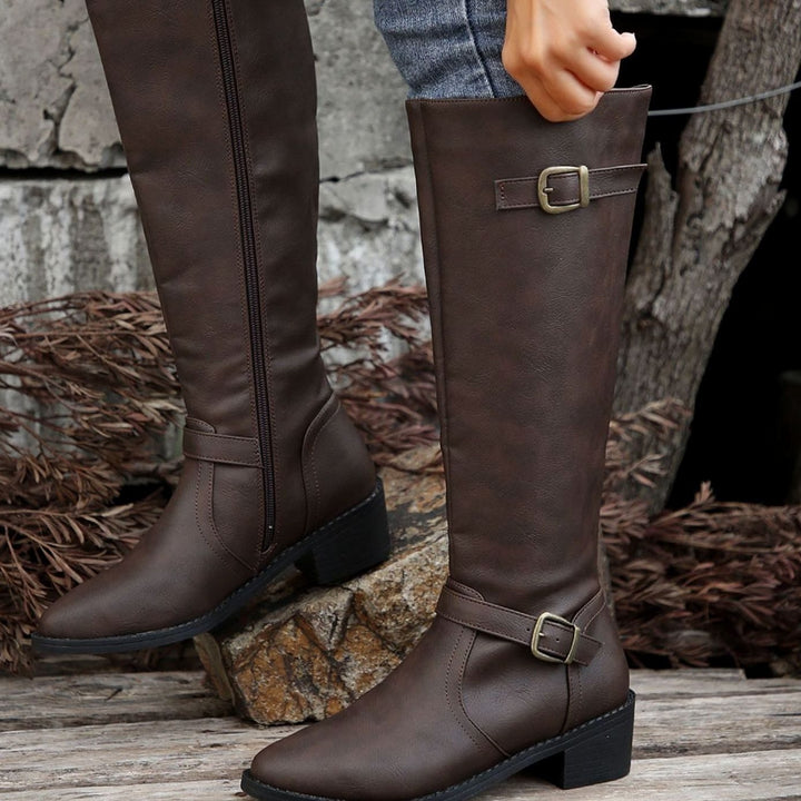 Women's Knee-High Riding Boots Low Heel Buckle Side Zip