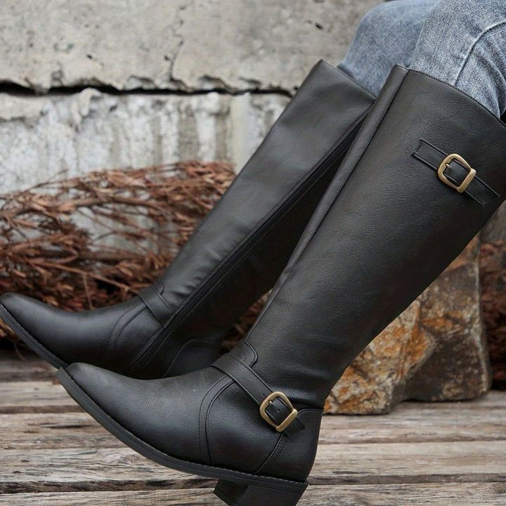 Women's Knee-High Riding Boots Low Heel Buckle Side Zip