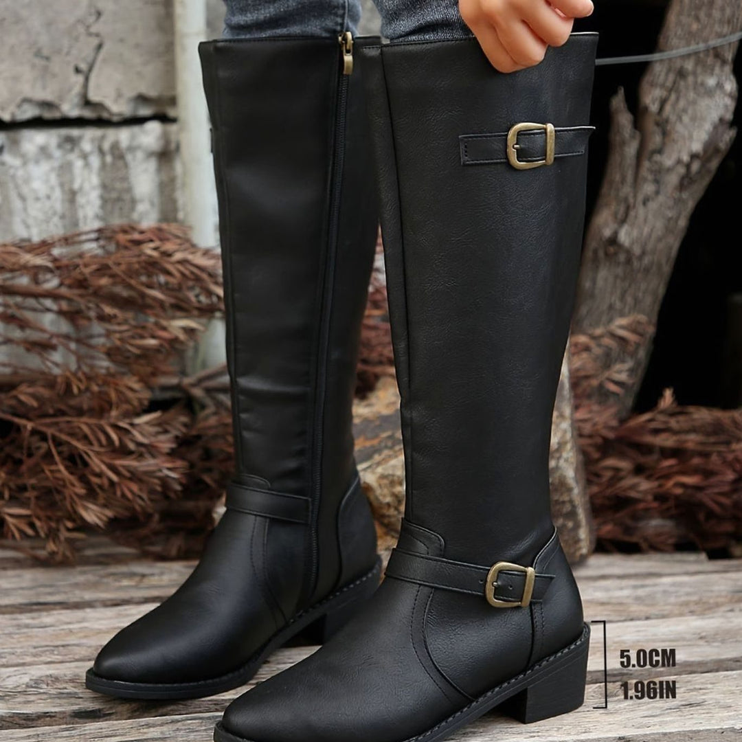 Women's Knee-High Riding Boots Low Heel Buckle Side Zip