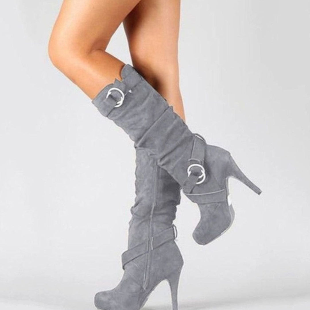 Women's Knee-High Stiletto Heel Boots Buckle Suede - Gray