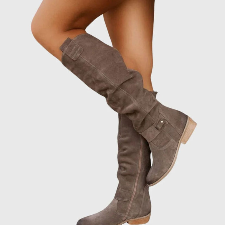 Women's Knee-High Zip-Up Suede Block-Heel Winter Boots - Gray