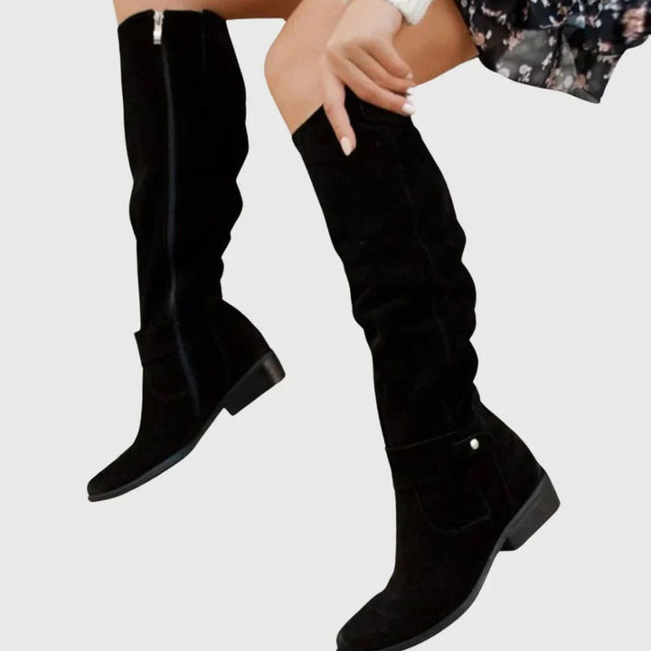 Women's Knee-High Zip-Up Suede Block-Heel Winter Boots - Black