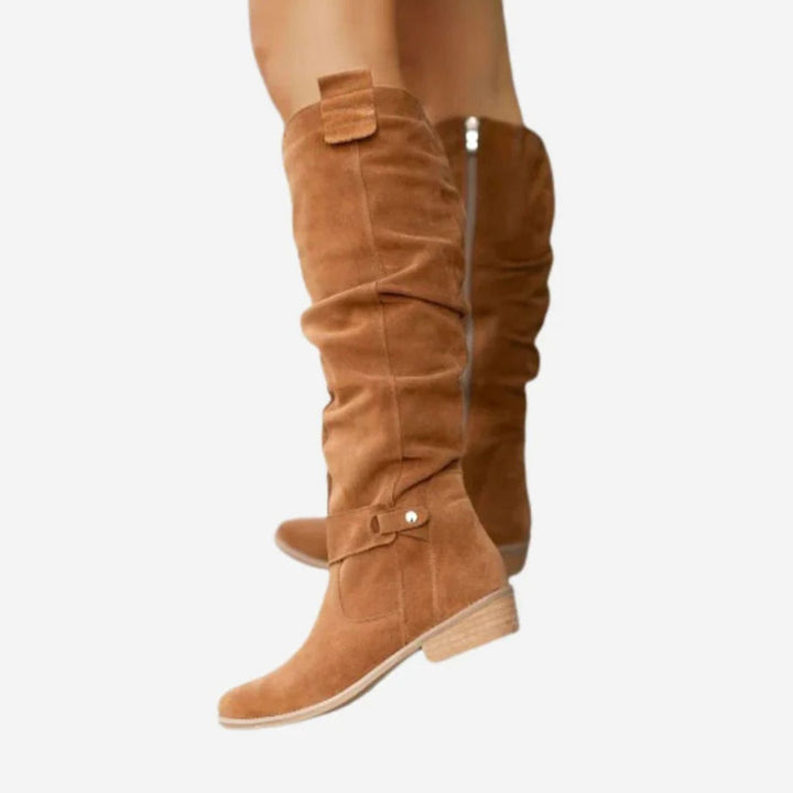 Women's Knee-High Zip-Up Suede Block-Heel Winter Boots - Brown