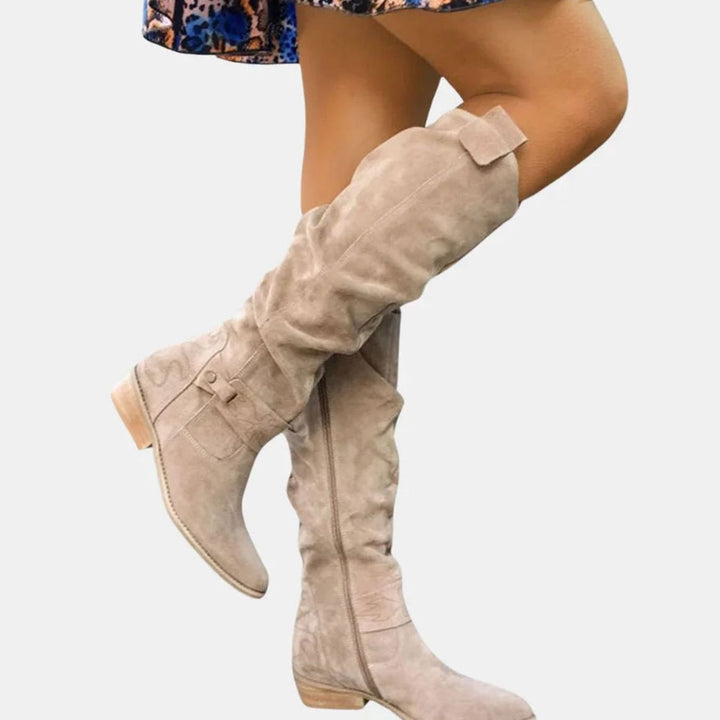 Women's Knee-High Zip-Up Suede Block-Heel Winter Boots - Beige