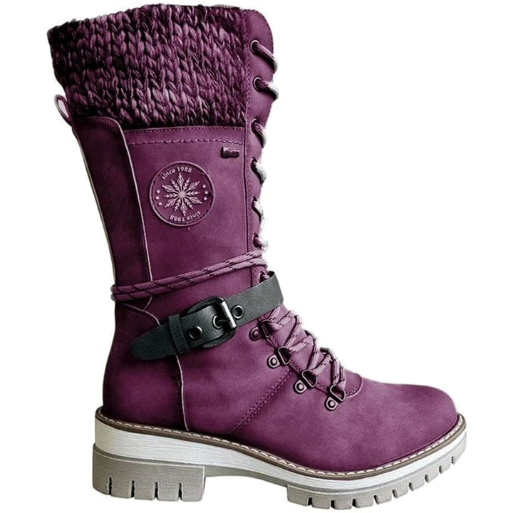 Women's Knit Cuff Lace-Up Side-Zip Mid-Calf Winter Boots - Purple