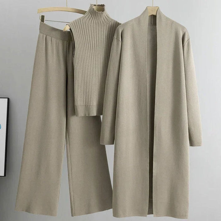 Women's Knit Three-Piece Cardigan Pants Set Wide-Leg Ribbed Top - Light Beige