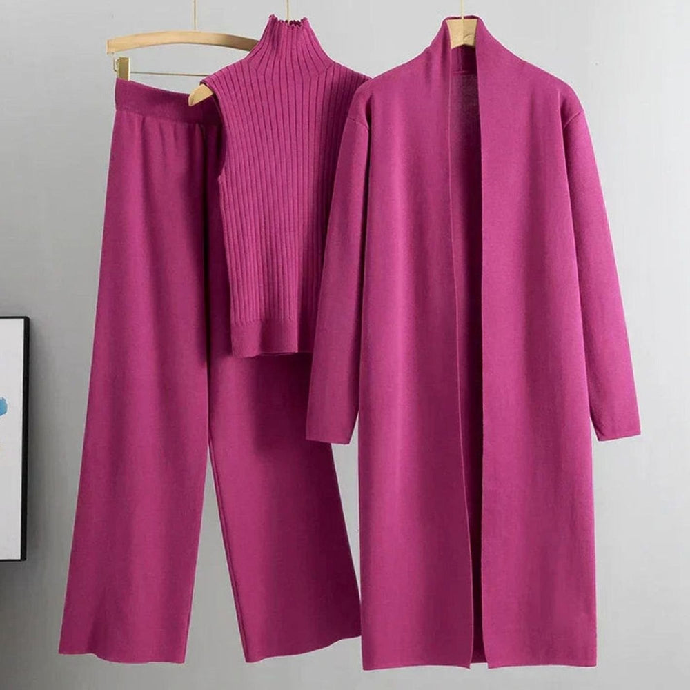 Women's Knit Three-Piece Cardigan Pants Set Wide-Leg Ribbed Top - Pink