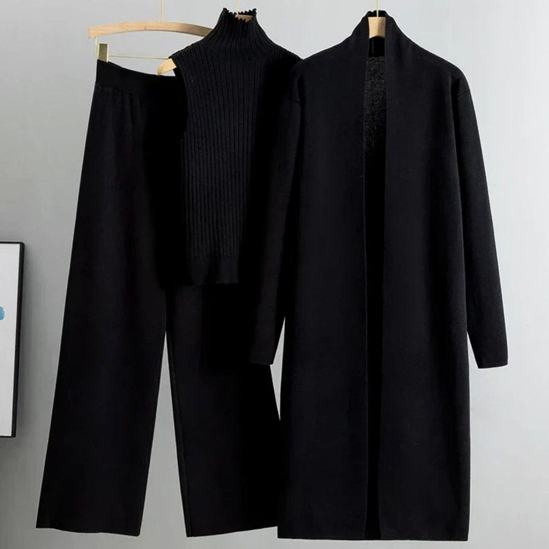 Women's Knit Three-Piece Cardigan Pants Set Wide-Leg Ribbed Top - Black