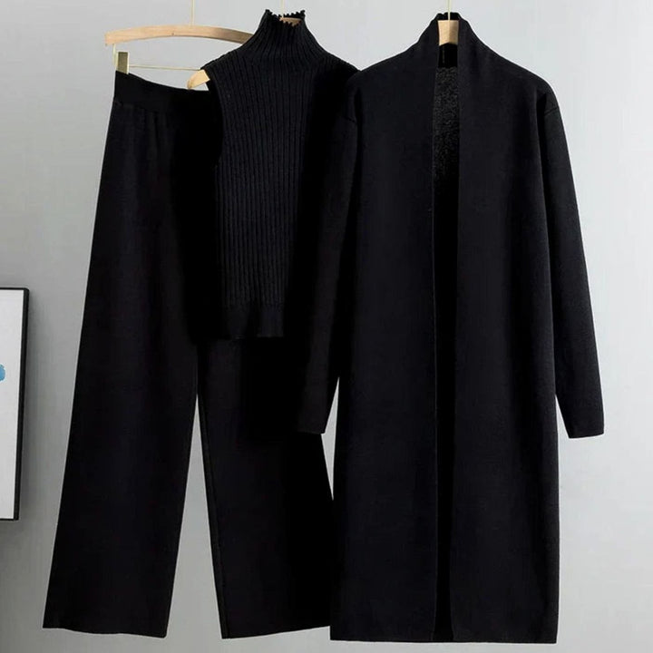 Women's Knit Three-Piece Cardigan Pants Set Wide-Leg Ribbed Top - Black