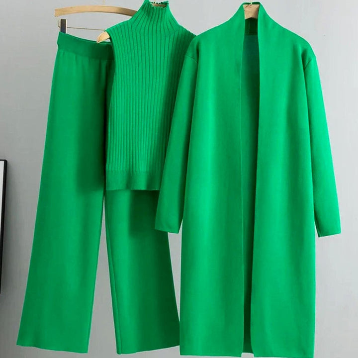 Women's Knit Three-Piece Cardigan Pants Set Wide-Leg Ribbed Top - Green