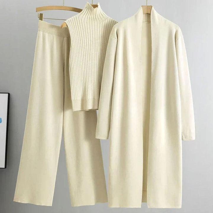 Women's Knit Three-Piece Cardigan Pants Set Wide-Leg Ribbed Top - Beige