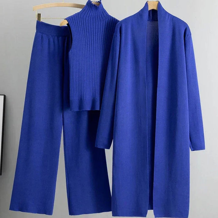 Women's Knit Three-Piece Cardigan Pants Set Wide-Leg Ribbed Top - Blue