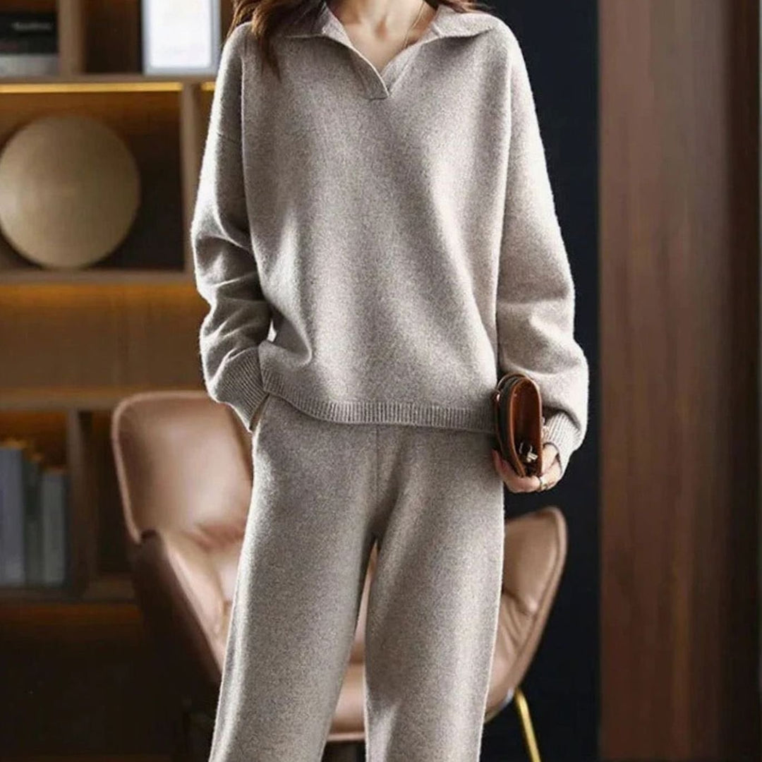 Women's Knit Two Piece Lounge Outfit Set Collared Sweater Wide-Leg Pants - Khaki