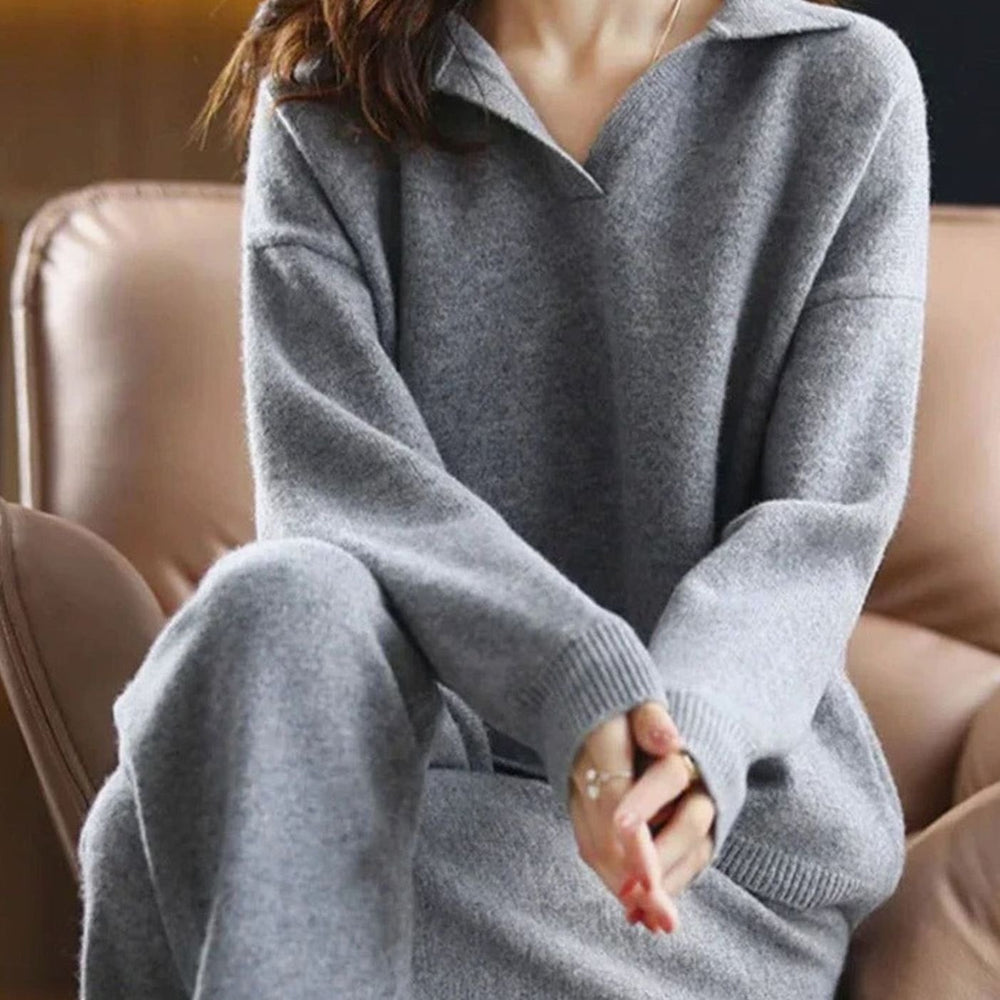 Women's Knit Two Piece Lounge Outfit Set Collared Sweater Wide-Leg Pants - Grey