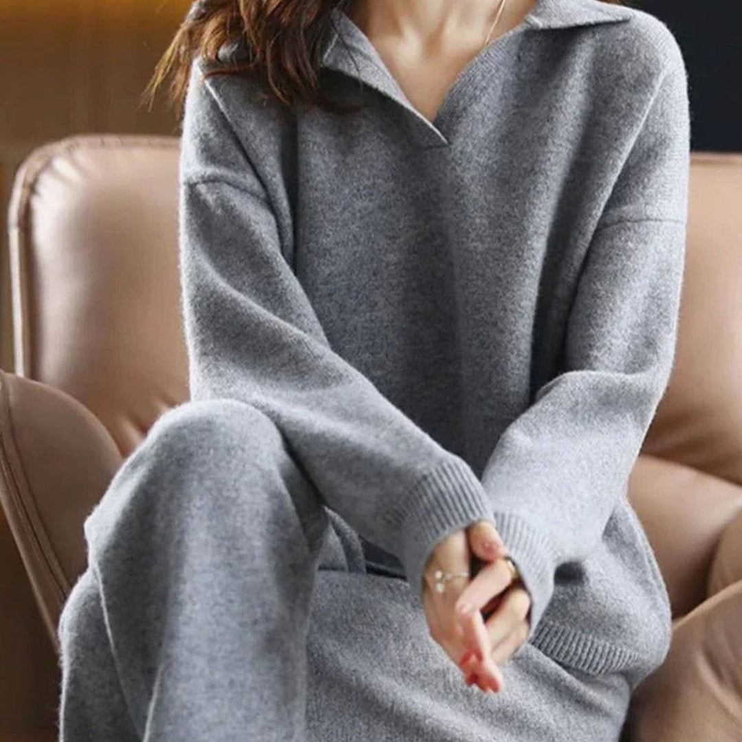 Women's Knit Two Piece Lounge Outfit Set Collared Sweater Wide-Leg Pants - Grey