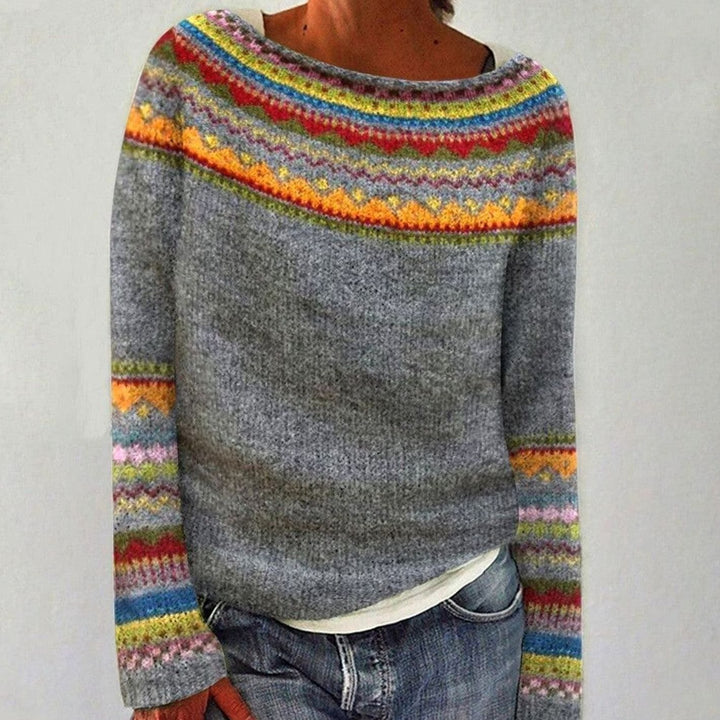 Women's Knitwear Merino Wool Sweater Fair Isle Striped Pullover - Gray