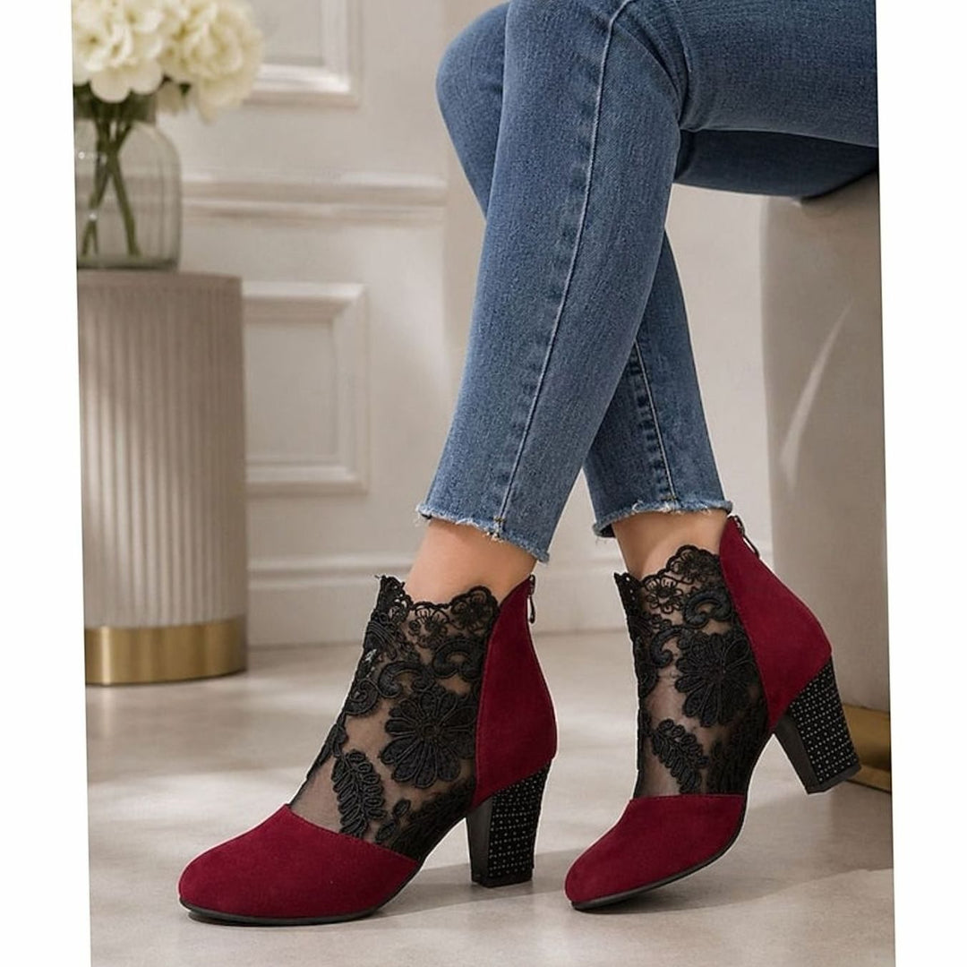 Women's Lace-Accent Block Heel Ankle Boots, Burgundy