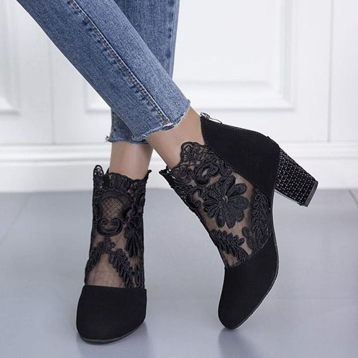 Women's Lace-Accent Block Heel Ankle Boots, Burgundy