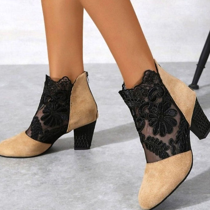 Women's Lace-Accent Block Heel Ankle Boots, Burgundy - Yellow