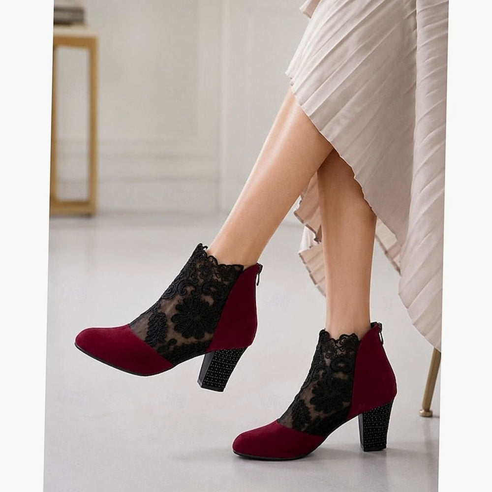 Women's Lace-Accent Block Heel Ankle Boots, Burgundy