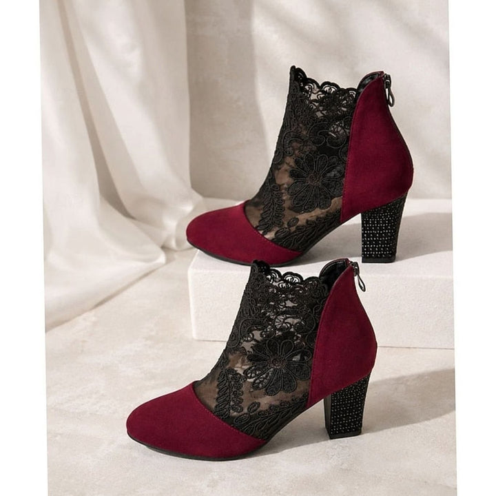 Women's Lace-Accent Block Heel Ankle Boots, Burgundy
