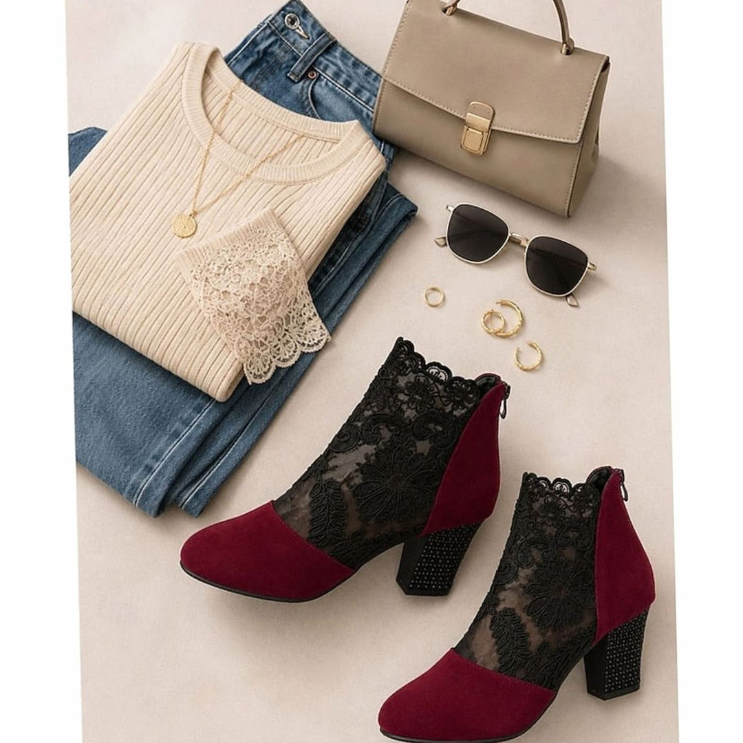 Women's Lace-Accent Block Heel Ankle Boots, Burgundy