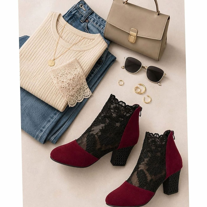 Women's Lace-Accent Block Heel Ankle Boots, Burgundy
