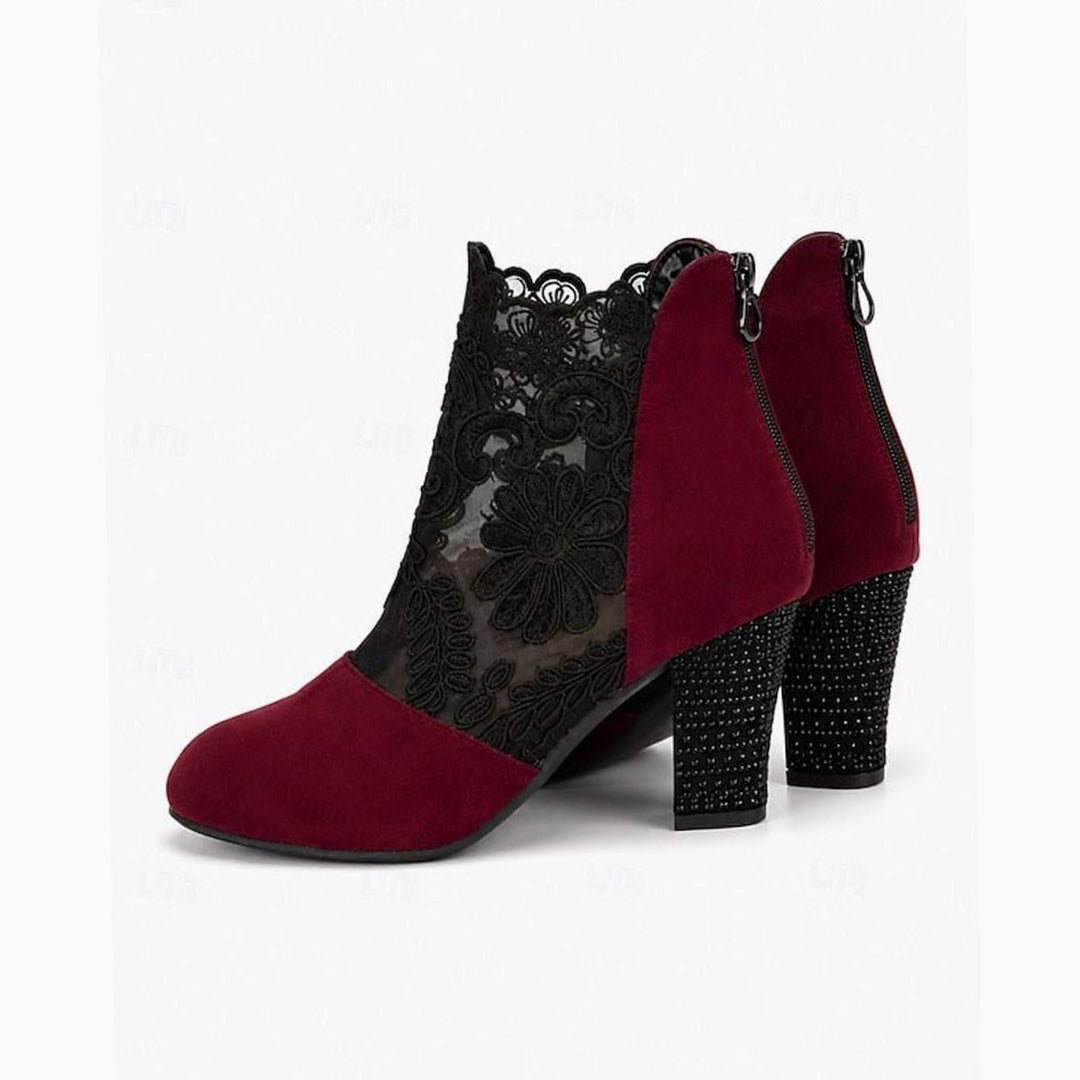 Women's Lace-Accent Block Heel Ankle Boots, Burgundy