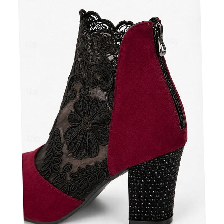 Women's Lace-Accent Block Heel Ankle Boots, Burgundy
