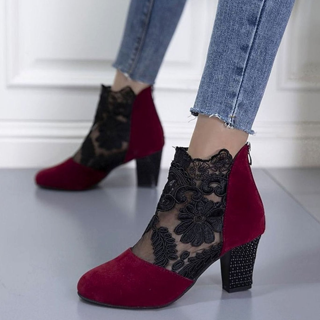Women's Lace-Accent Block Heel Ankle Boots, Burgundy - Wine
