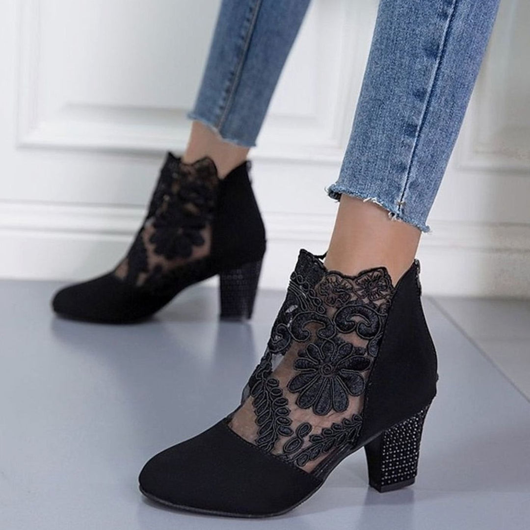 Women's Lace-Accent Block Heel Ankle Boots, Burgundy - Black