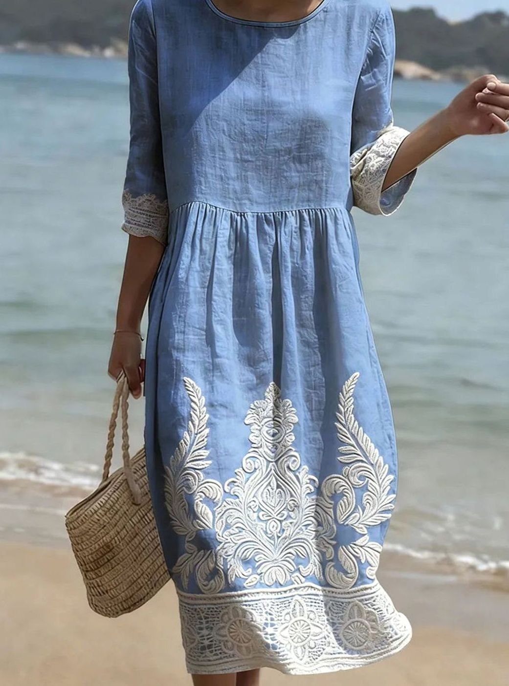 Women's Lace-Trim Embroidered Floral Midi Dress Half Sleeves - Blue