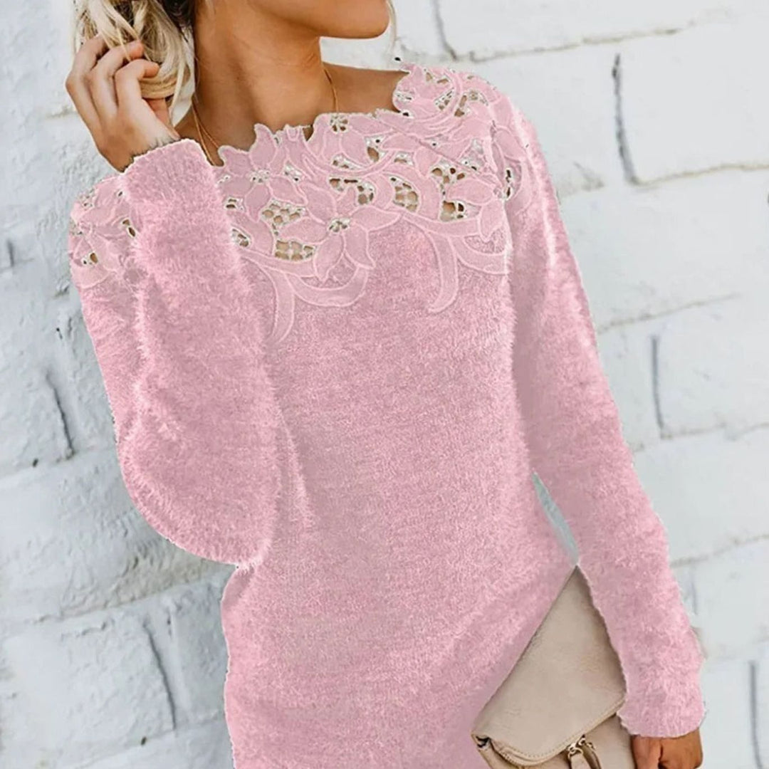 Women's Lace-Trim Floral Long Sleeve Winter Knit Sweater - Pink