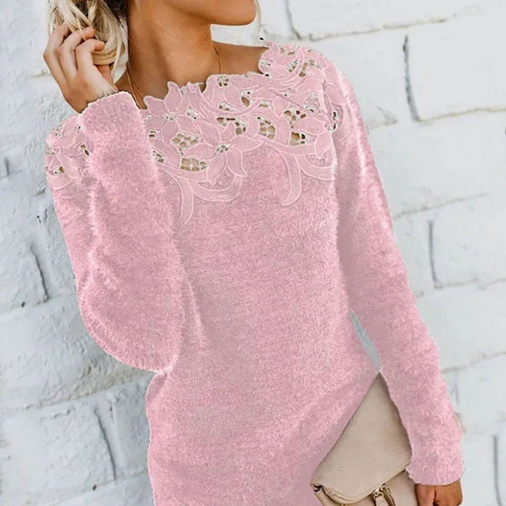Women's Lace-Trim Floral Long Sleeve Winter Knit Sweater - Pink