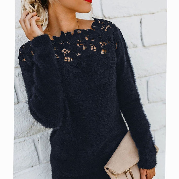 Women's Lace-Trim Floral Long Sleeve Winter Knit Sweater - Black